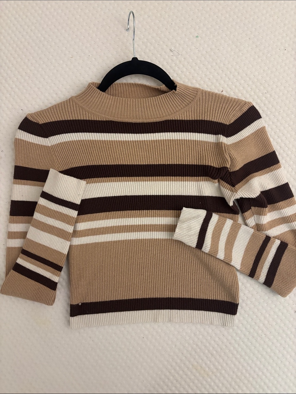 Striped Ribbed Knit Sweater in Beige, Brown & Cream